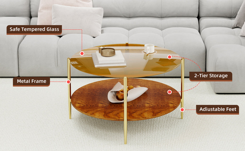 Luxurious Round Coffee Table with Gold-Tinted Tempered Glass Top
