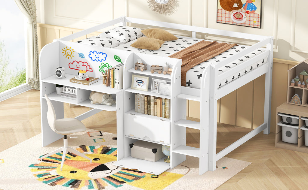 Full Size Low Loft Bed with Built-in Desk, Storage Cabinets and Open Bookcase