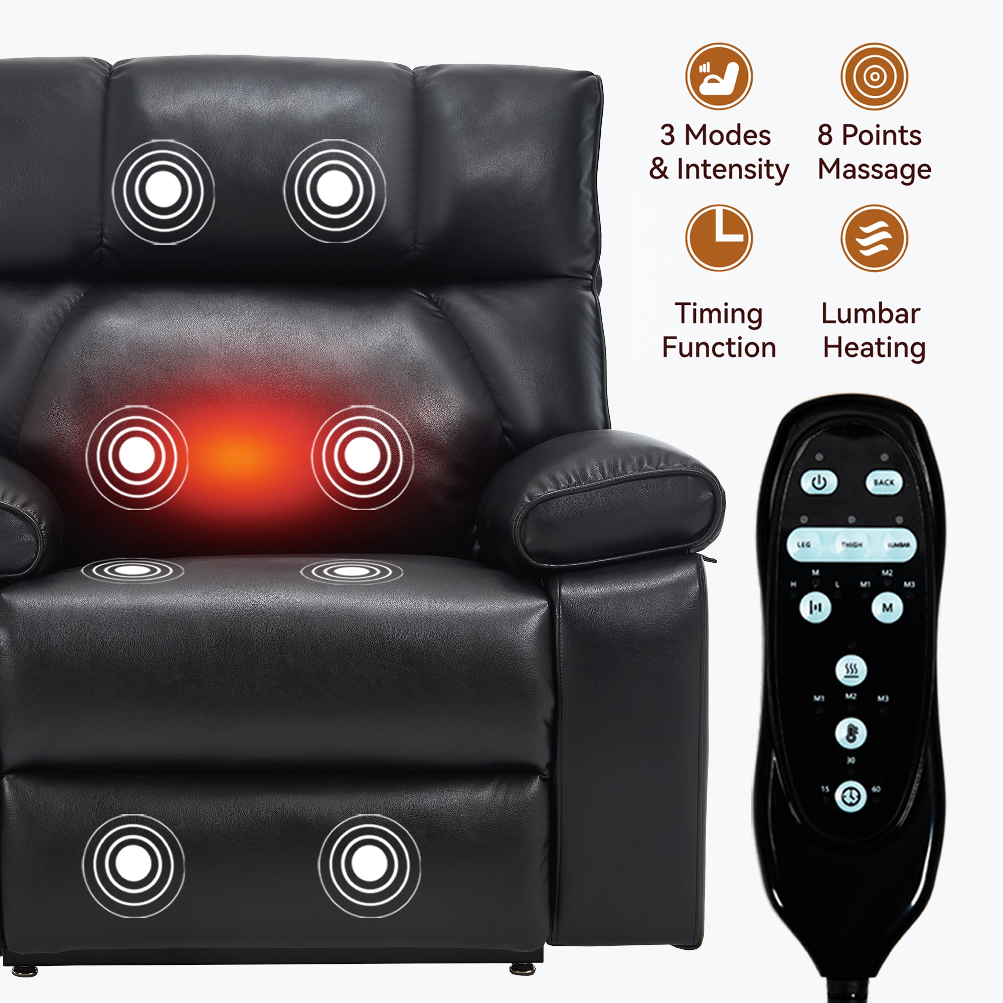 Black Leatheraire Heat Massage Dual Motor Recliner