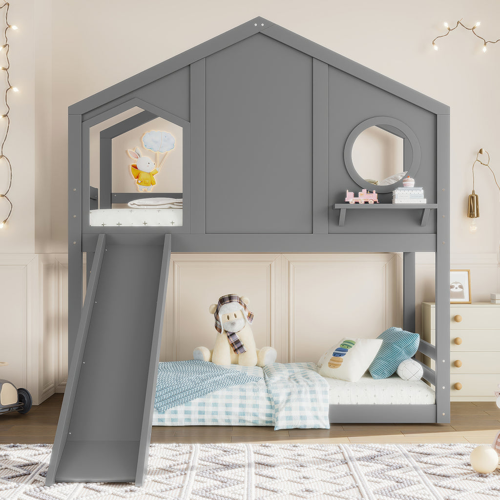 Twin House Bunk Bed with Slide and Storage Shelves