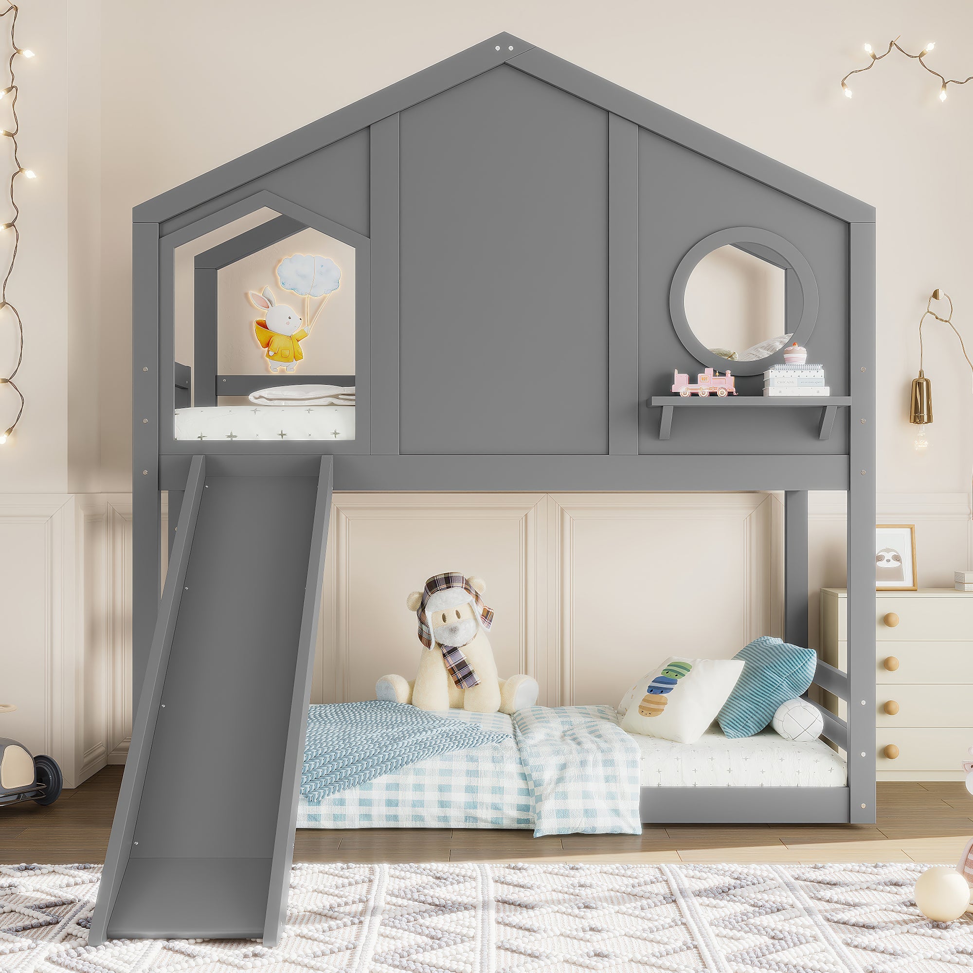 Twin House Bunk Bed with Slide and Storage Shelves