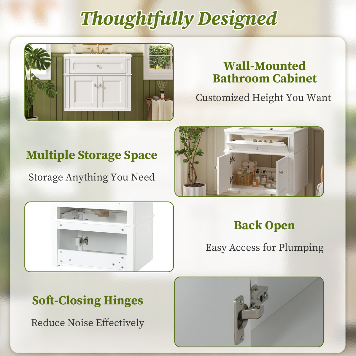 24-Inch Wall-Mounted Bathroom Vanity with Ceramic Sink and Soft-Close Doors, White