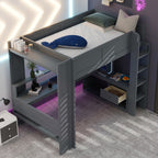 Wood Full Size Gaming Loft Bed with Desk, Storage Shelves, and LED Lighting