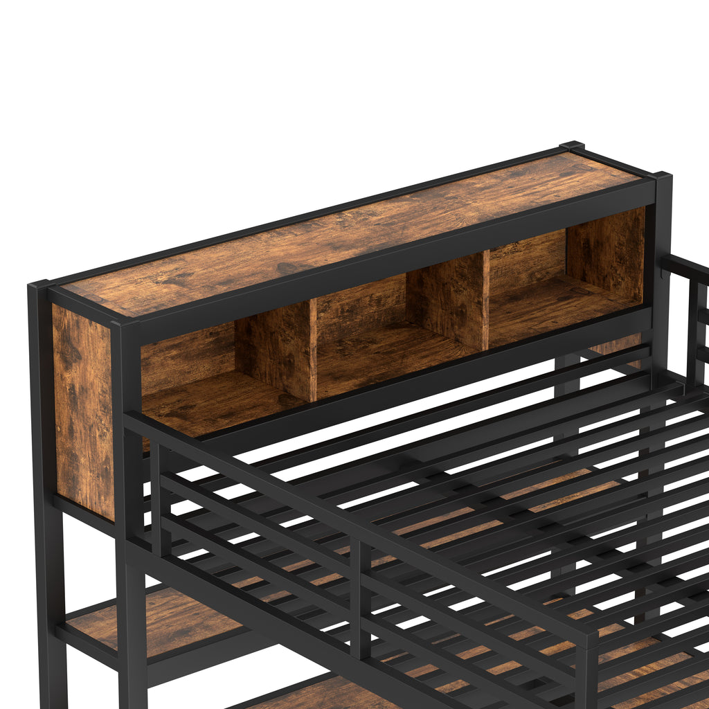 Metal Loft Bed with Wardrobe and L-shaped Desk