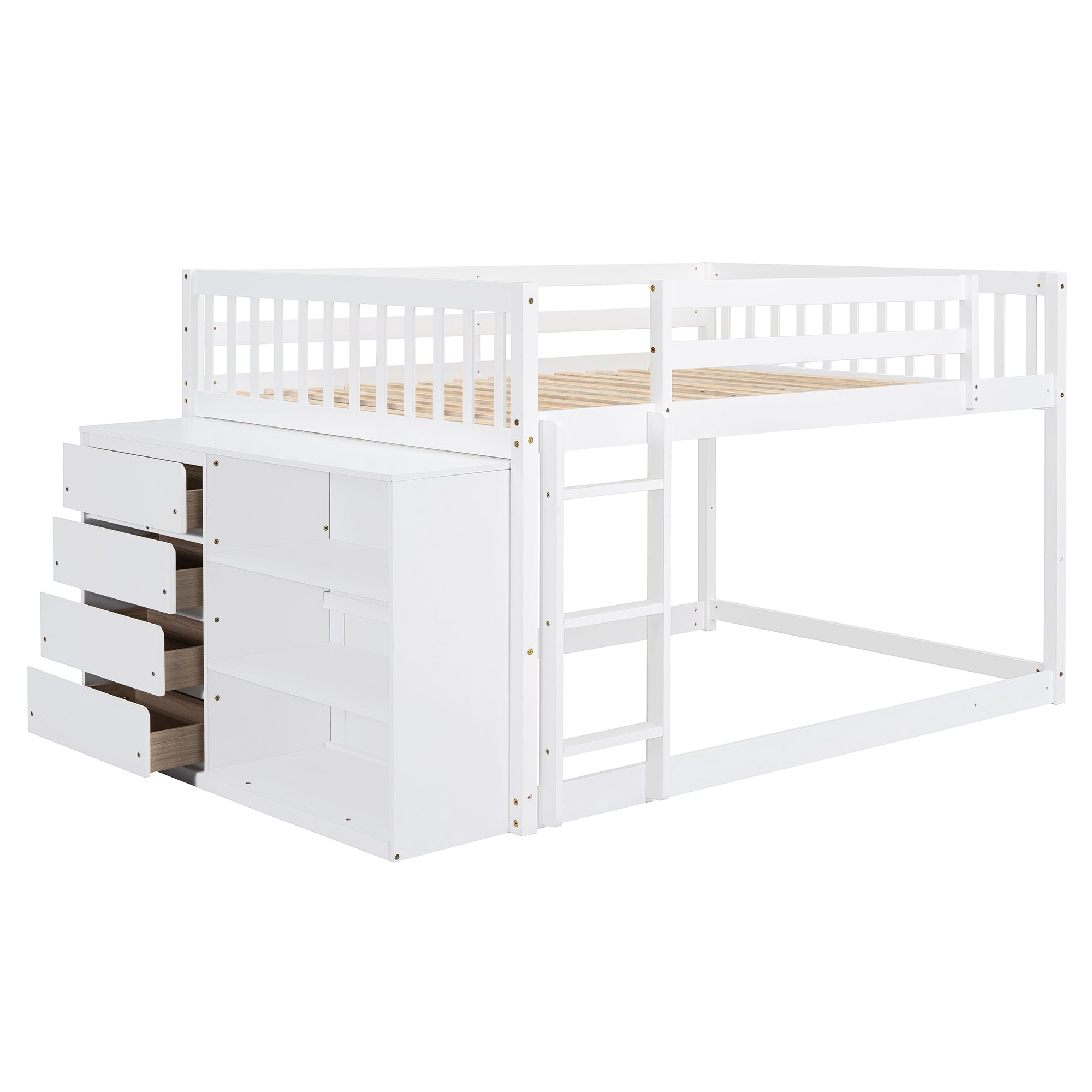 Full Over Full Bunk Bed with 4 Drawers and 3 Shelves - White
