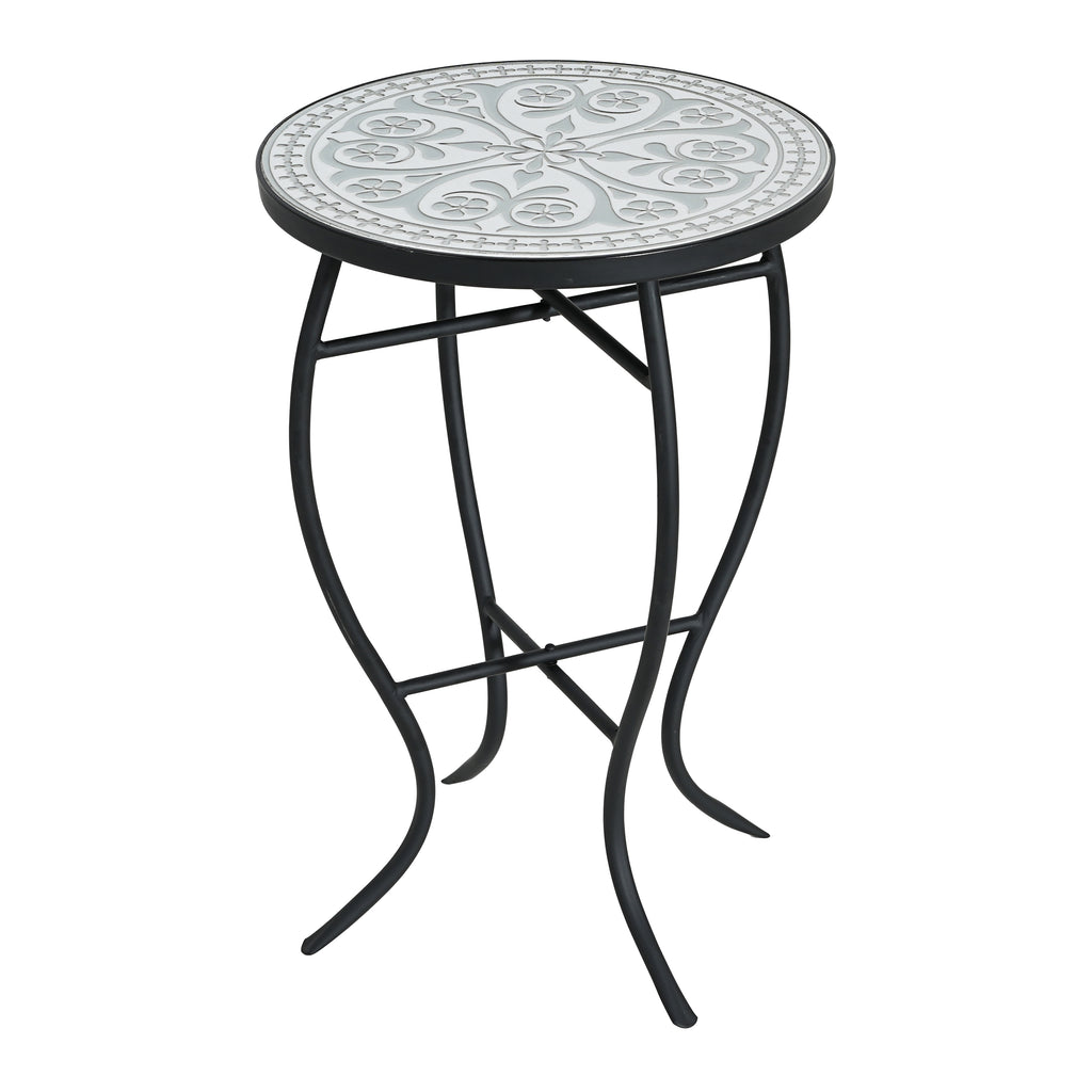 Outdoor Round Side Table with Mosaic-Style Top and Curved Iron Legs
