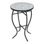 Outdoor Round Side Table with Mosaic-Style Top and Curved Iron Legs
