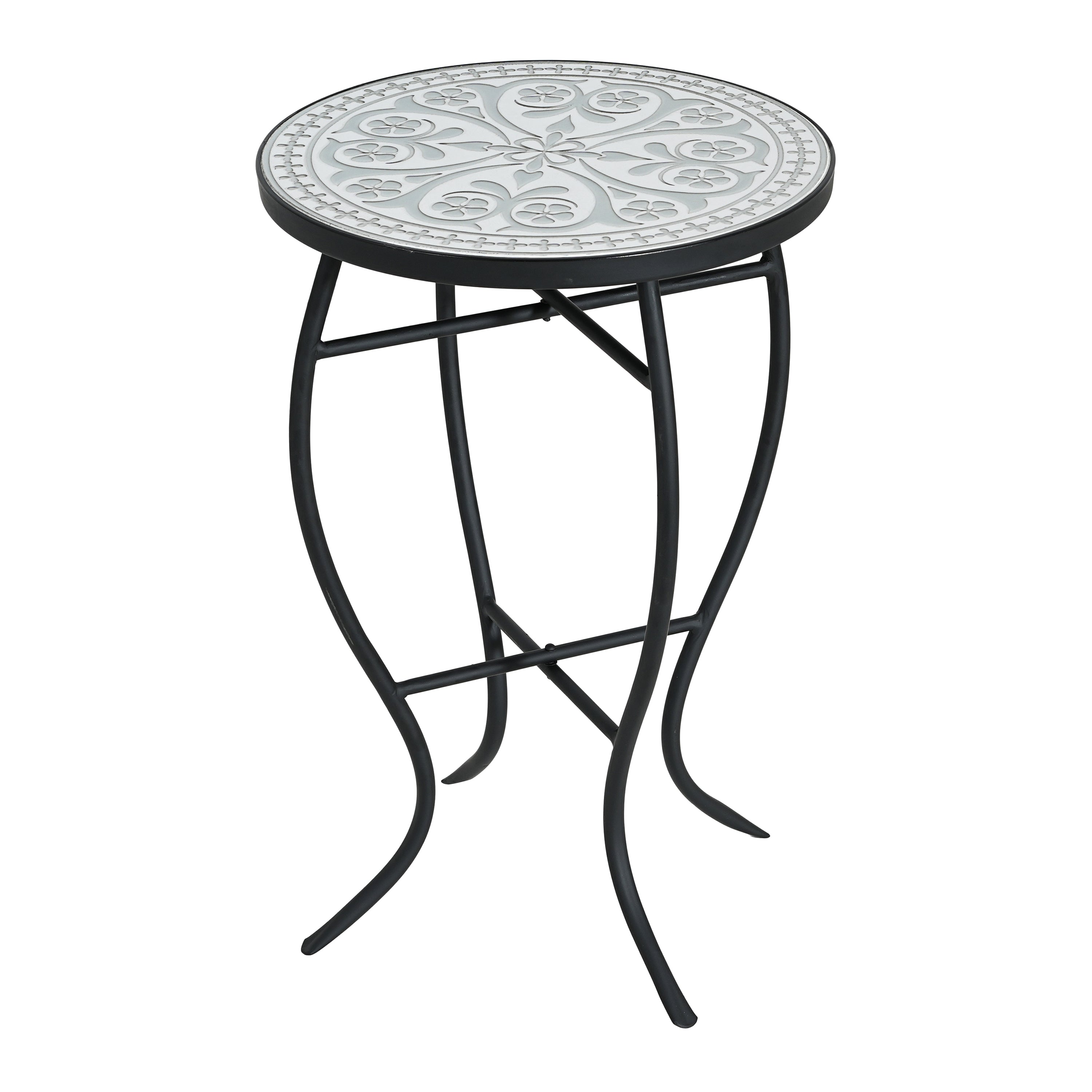 Outdoor Round Side Table with Mosaic-Style Top and Curved Iron Legs
