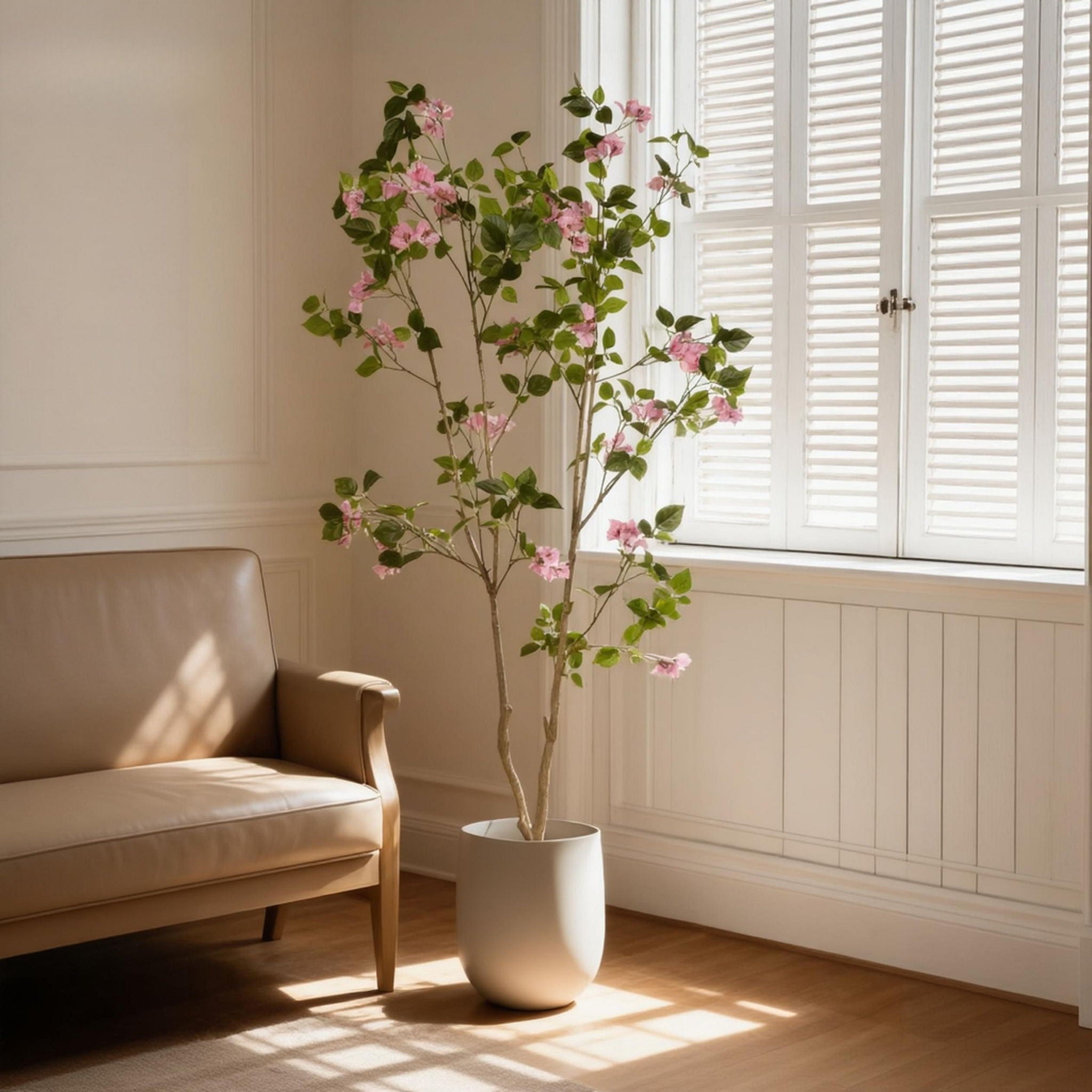 Artificial Bougainvillea Tree With Pot, Realistic Faux Flowering Plant Leaves And Blooms, Decor For Home Office - Green Leaves / Pink