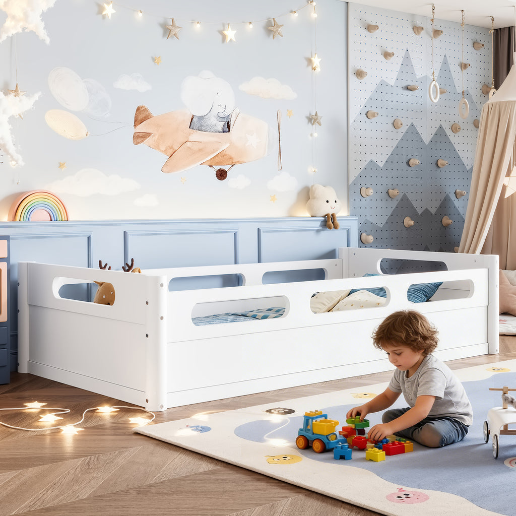 Twin Size Floor Platform Bed with Full-length Guardrails