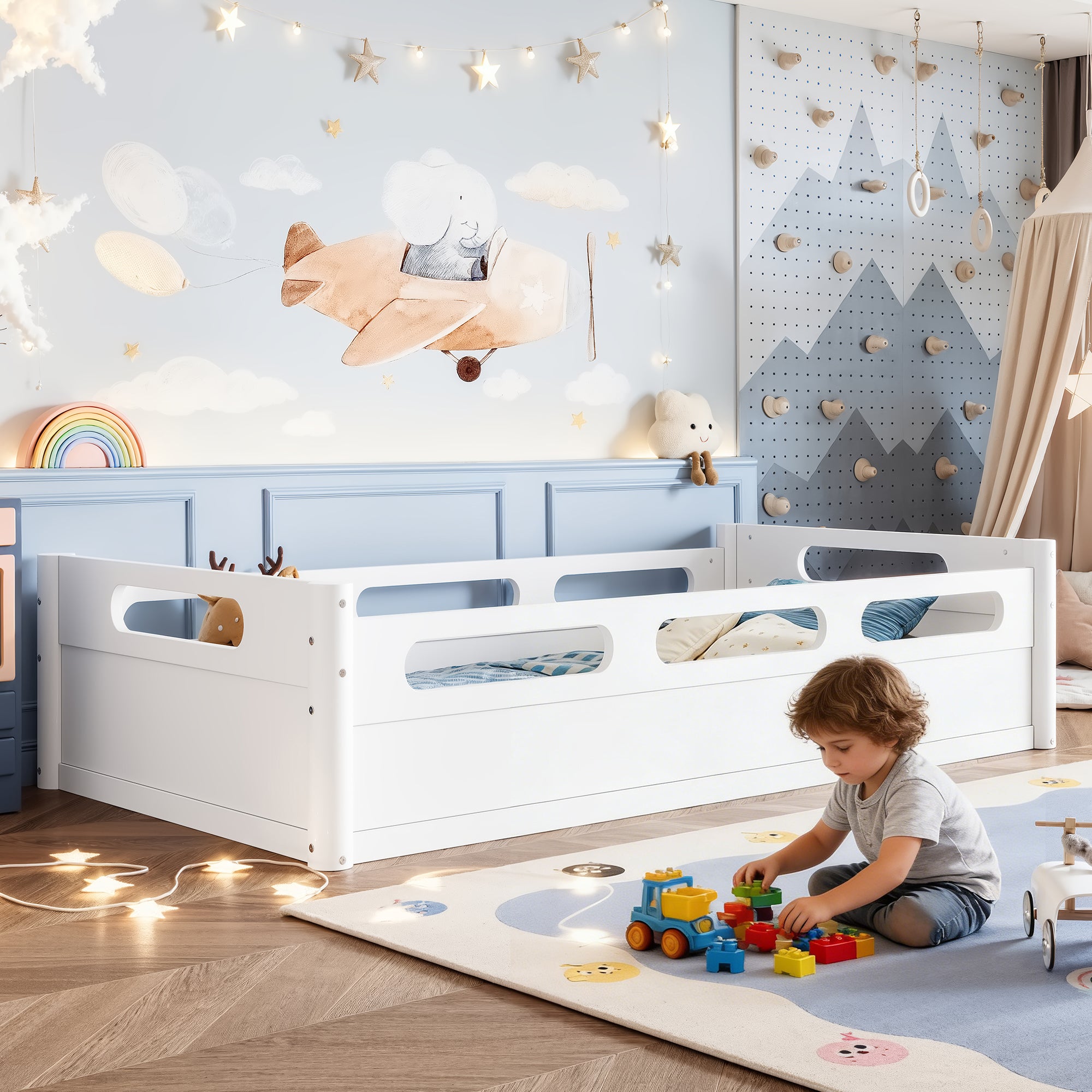 Twin Size Floor Platform Bed with Full-length Guardrails