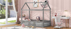 Twin Size Wood House Bed with Fence and Door - Gray
