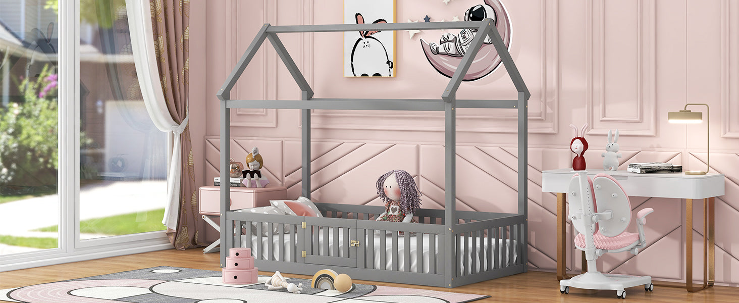 Twin Size Wood House Bed with Fence and Door - Gray