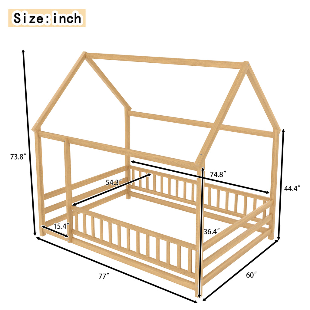 Full Size Floor Wooden Bed with House Roof Frame, Fence Guardrails
