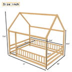 Full Size Floor Wooden Bed with House Roof Frame, Fence Guardrails