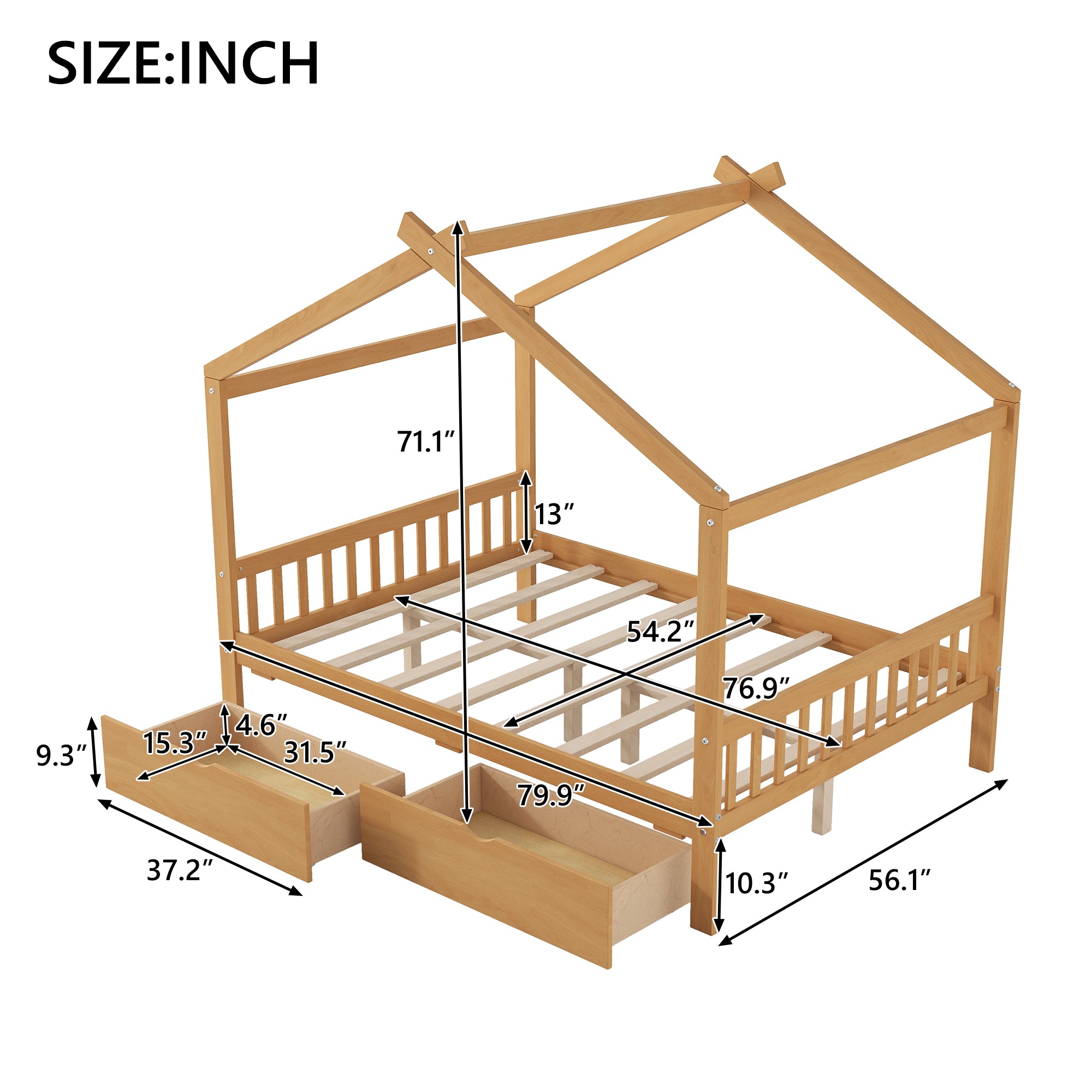 Full Size House Platform Bed with Two Drawers, Headboard and Footboard, Roof Design