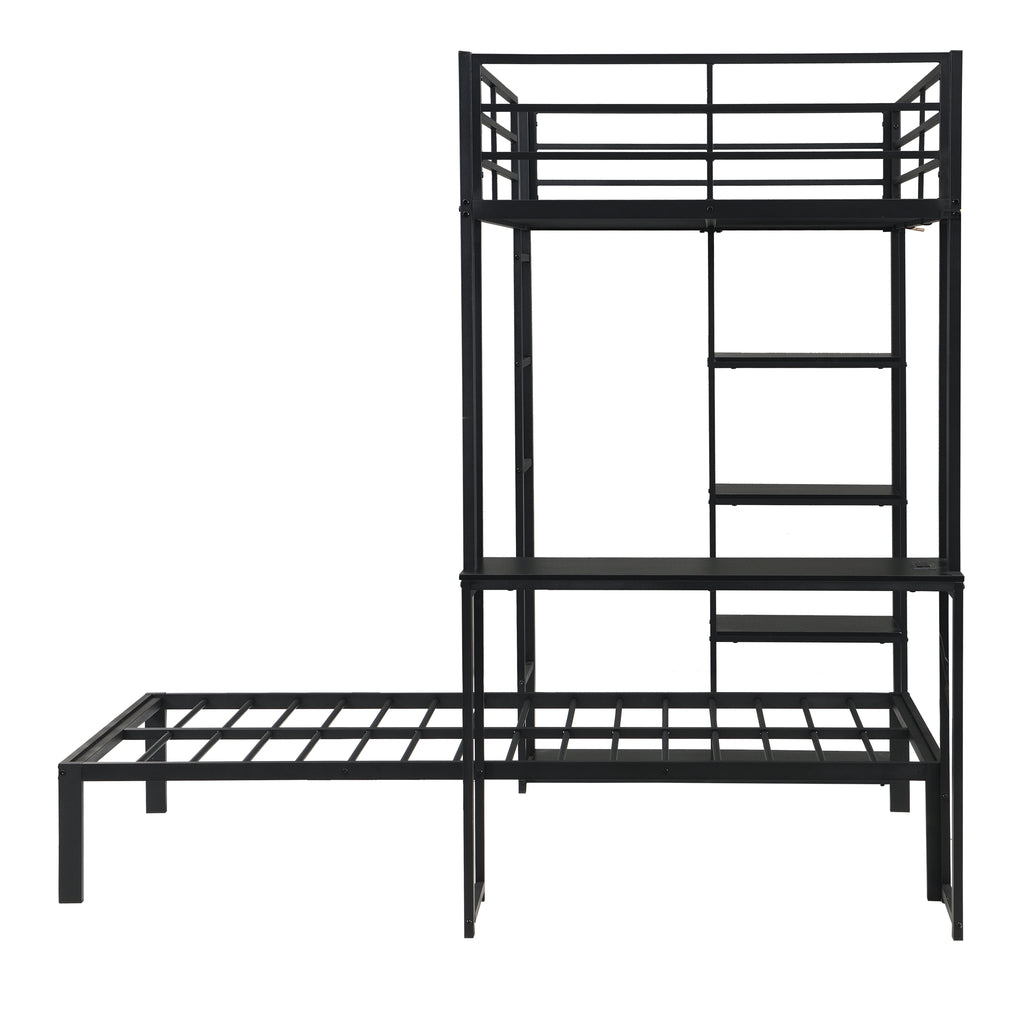 Metal Loft Bed Frame with LED Light Strip, Side Storage Shelves & Built-in Desk