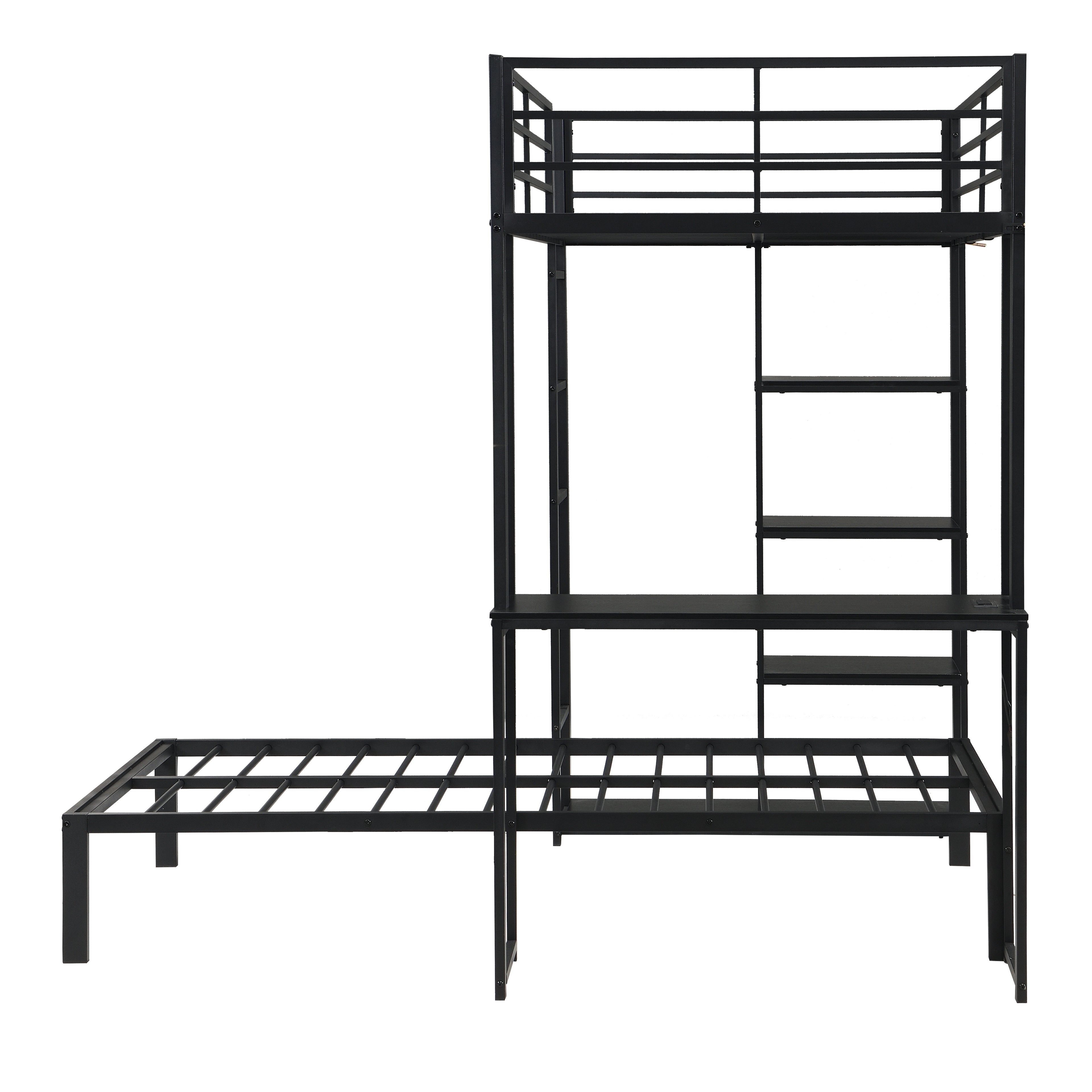 Metal Loft Bed Frame with LED Light Strip, Side Storage Shelves & Built-in Desk