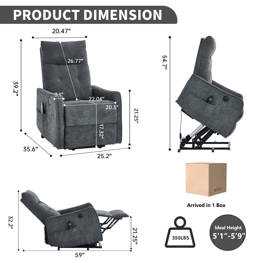 Grey Chenille Single Motor Power Lift Recliner Chair