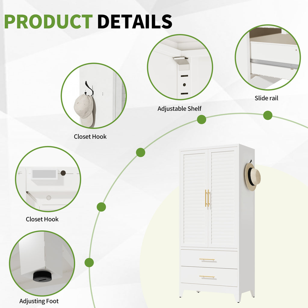 White Metal Wardrobe Closet with 2 Doors and Drawers