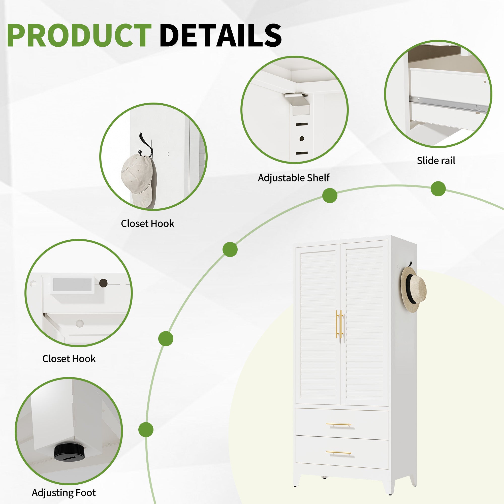 White Metal Wardrobe Closet with 2 Doors and Drawers