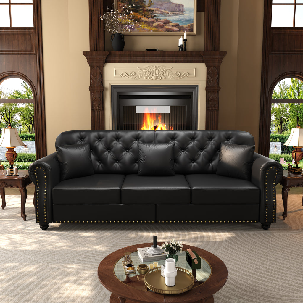 Upholstered Faux Leather Sofa with Nailhead Trim