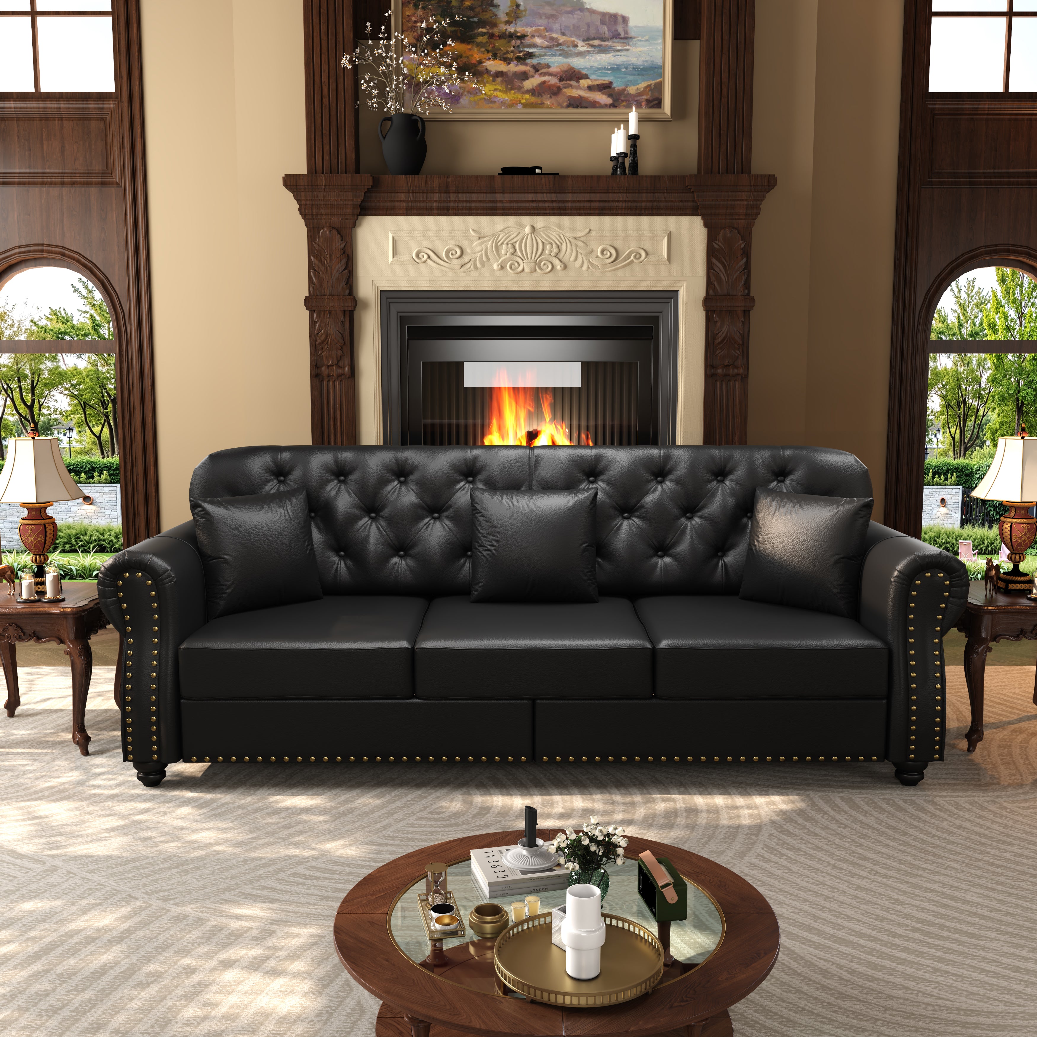 Upholstered Faux Leather Sofa with Nailhead Trim