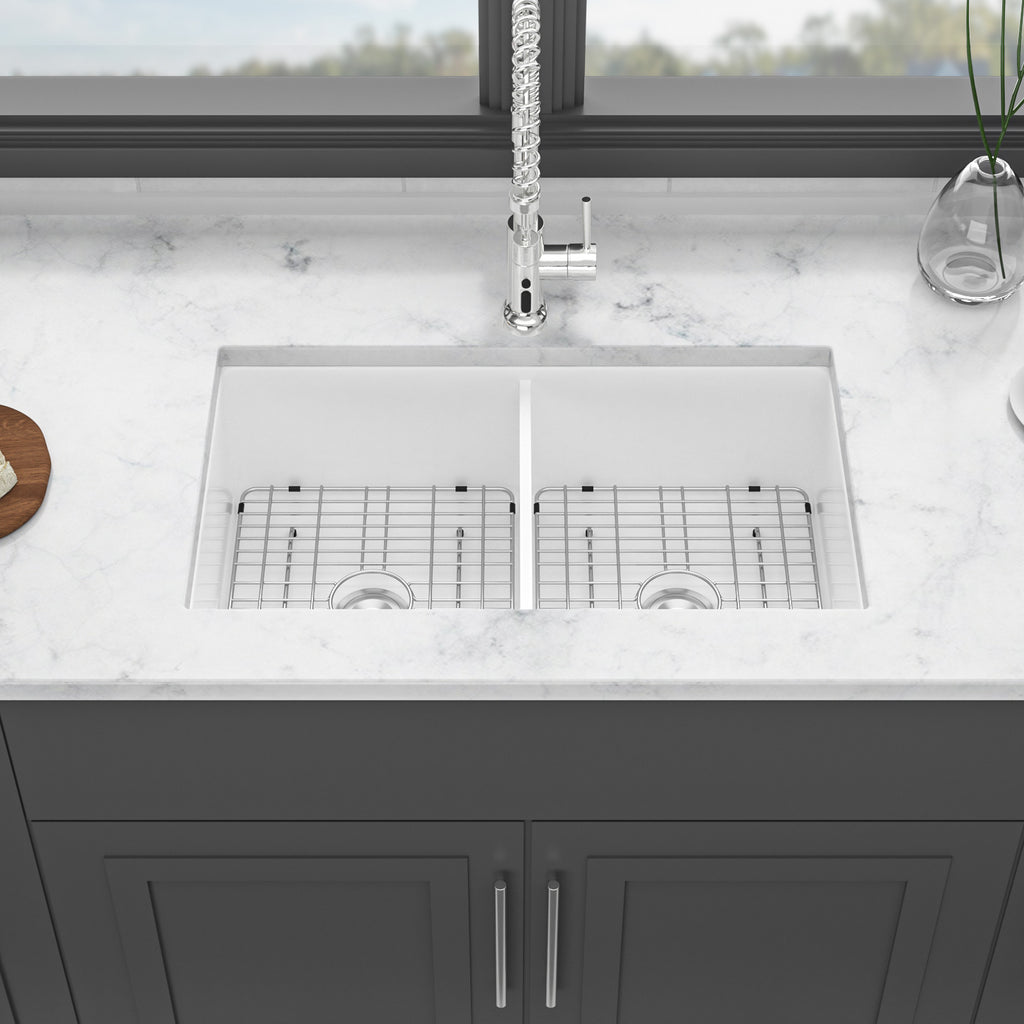 32"x19"x10" Undermount Double Bowl Fireclay Kitchen Sink
