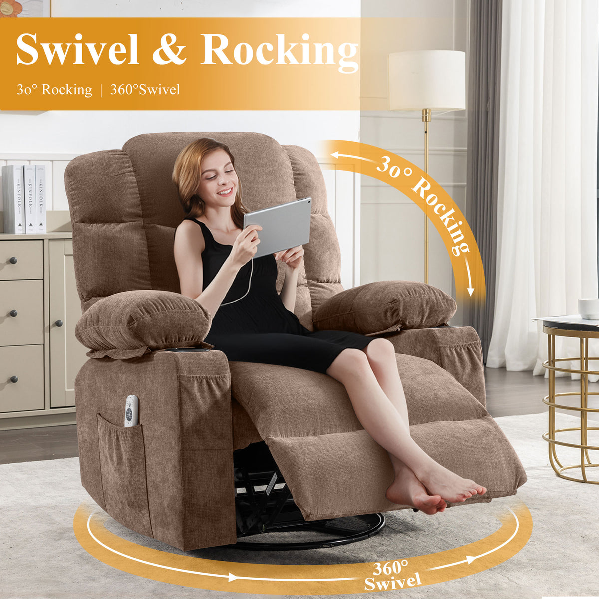 Oversized Massage Swivel Recliner Chair with Lumbar Heating for Living Room Rocker Recliner with Cup Holders and USB Charge Port, for Adult
