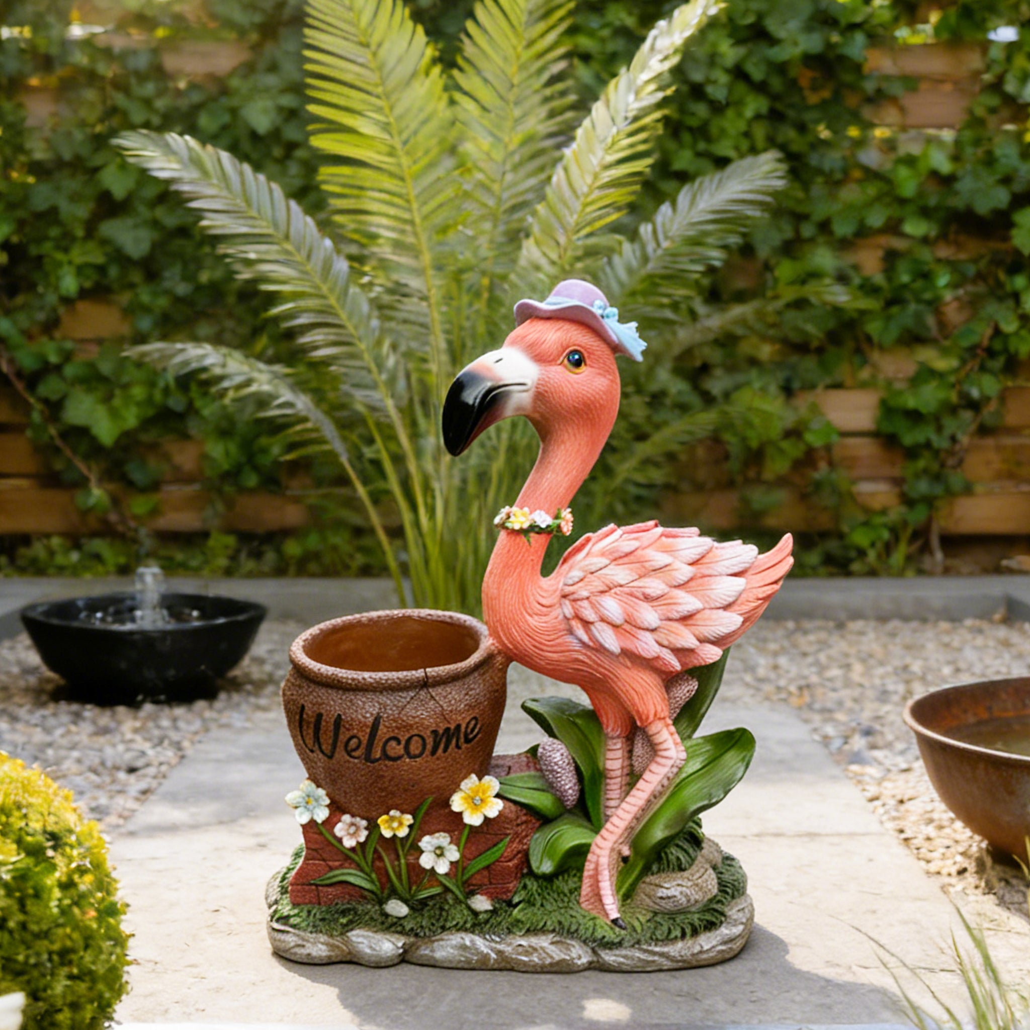 Outdoor Garden Sculpture: Flamingo Flower Pot Planter