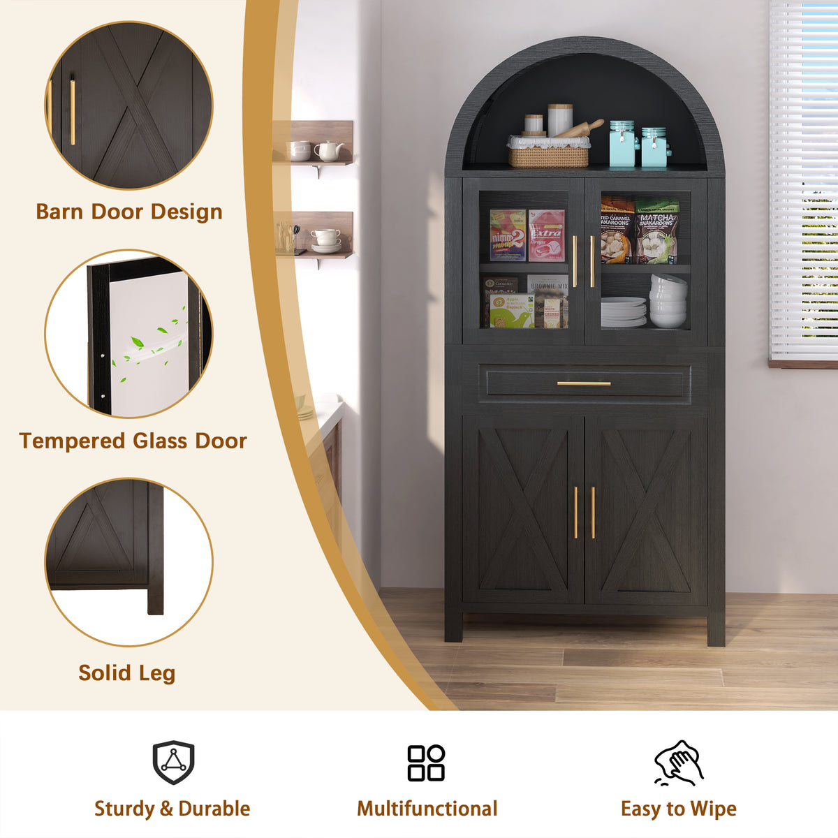 71-Inch Arched Kitchen Pantry Cabinet with Glass Barn Door, Black