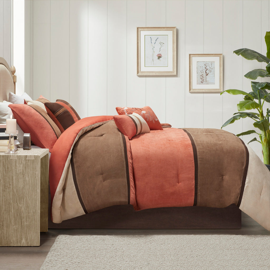 7 Piece Faux Suede Comforter Set Coral Queen