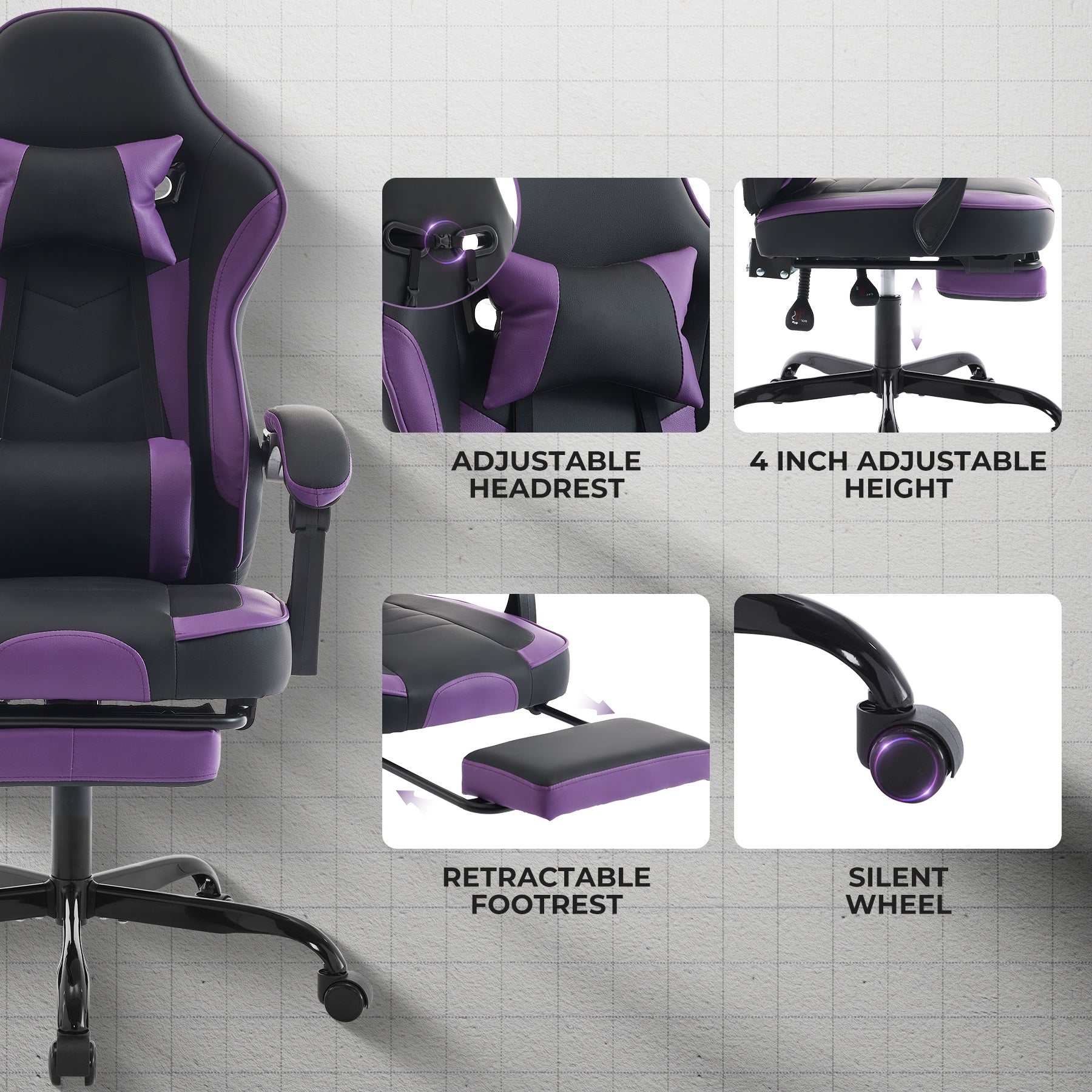 Gaming Chair with Footrest and Massage Lumbar Support