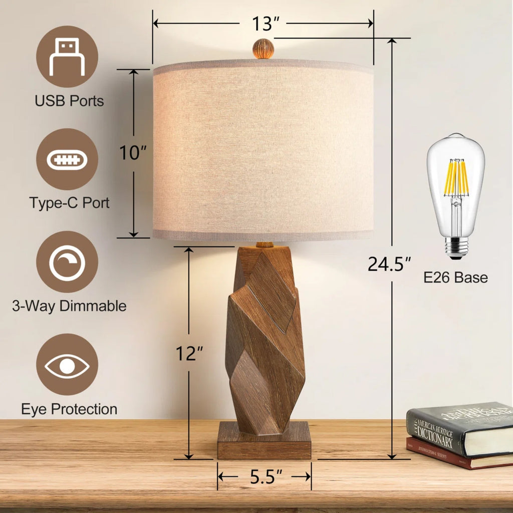 Farmhouse Table Lamps Set of 2, 24.5-Inch, Wood Grain Resin, USB Charging Ports
