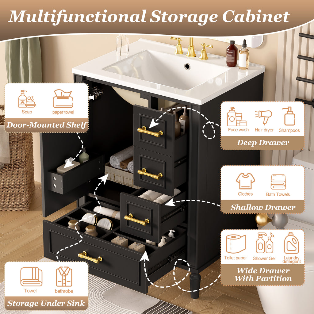 24" Modern Bathroom Vanity with Ceramic Sink, Soft-Close Door, 3 Drawers