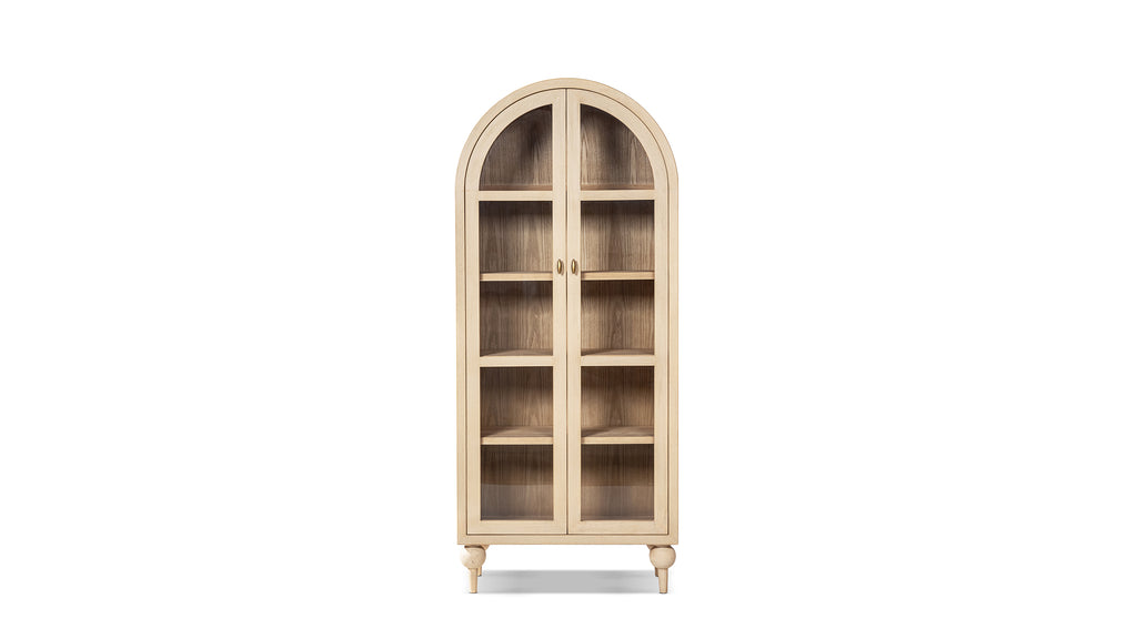 Odette 83-Inch Arched Glass Door Display Cabinet, Brushed White