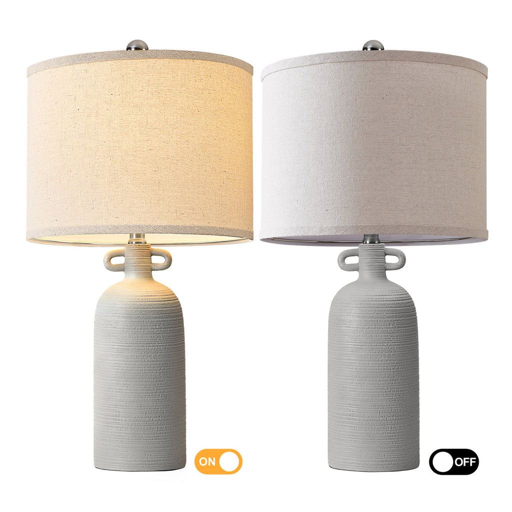 24-Inch Dimmable Ceramic Table Lamp Set with Linen Drum Shades, Gray