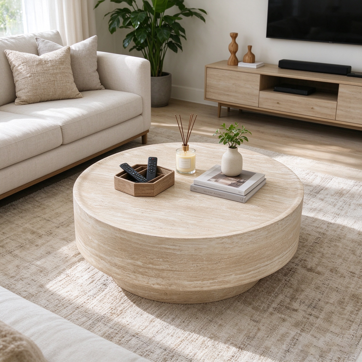 Round 35.43-Inch Coffee Table, Travertine-Look Fiberglass, Beige Yellow