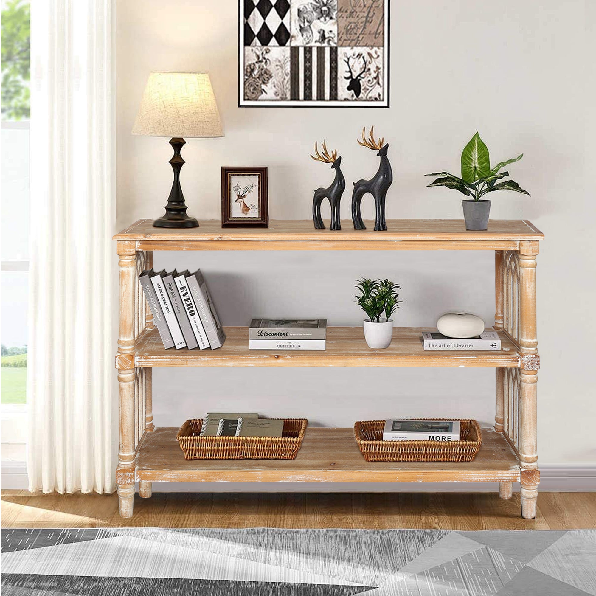 Rustic 3-Tier Console Table with Gothic-Inspired Details