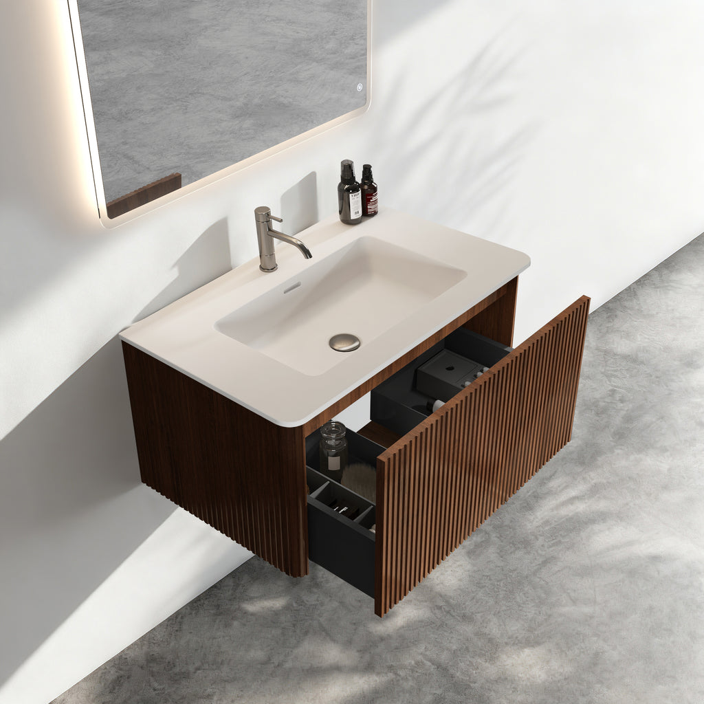 Etna 30" Striped Melamine Bathroom Vanity, White Walnut