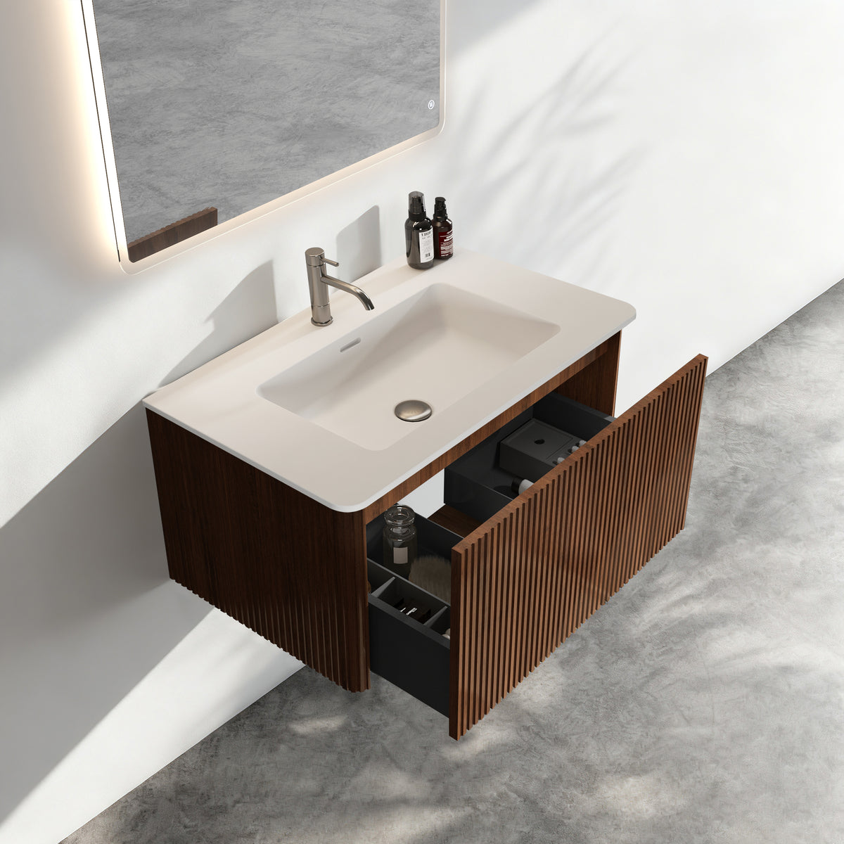 Etna 30" Striped Melamine Bathroom Vanity, White Walnut
