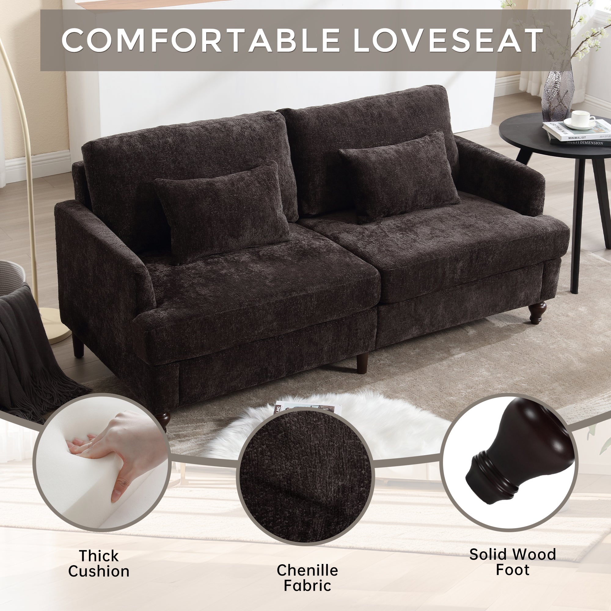 Mid Century Modern Chenille Fabric Loveseat Sofa