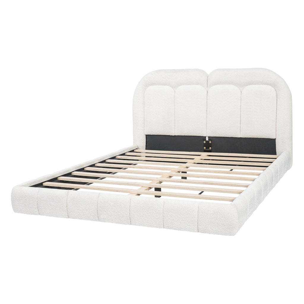 Queen Size Boucle Upholstered Platform Bed with Tufted Headboard