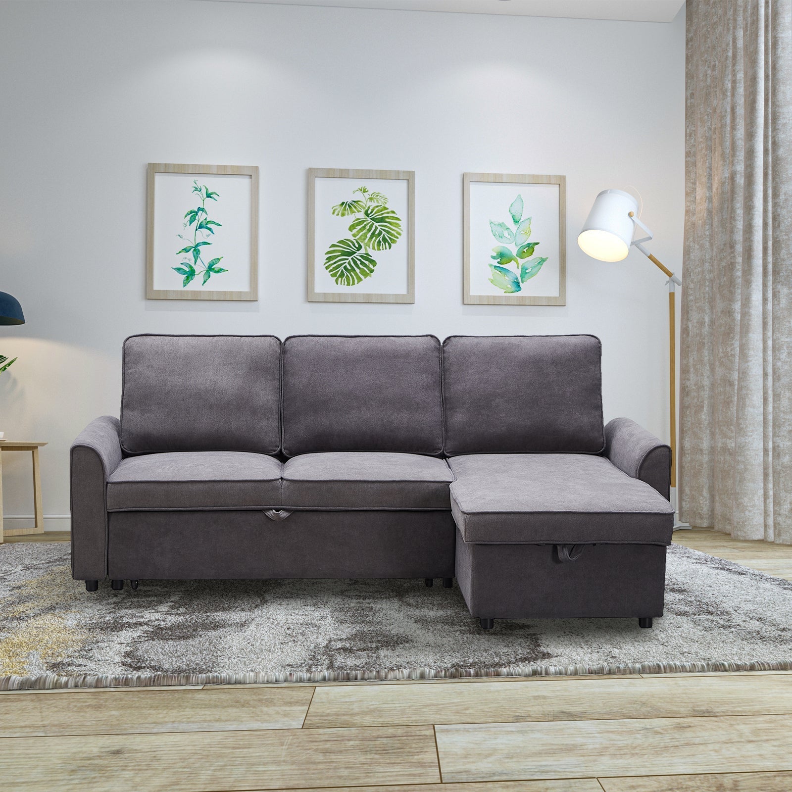 Modern Modular L-Shaped Sofa Bed with Chaise Dark Grey Linen