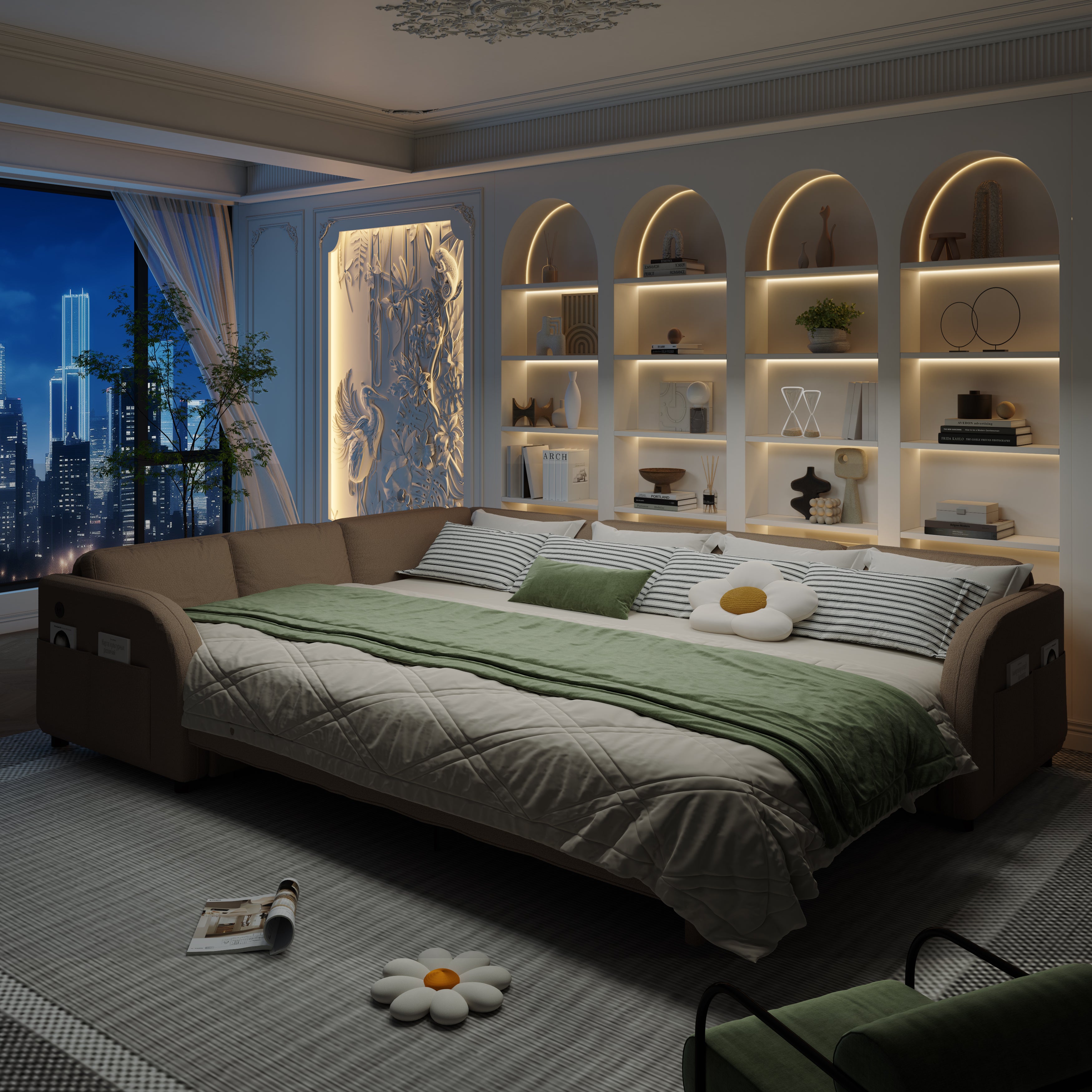 115.2" L-Shaped Pull-Out Bed Sleeper Sofa - Brown