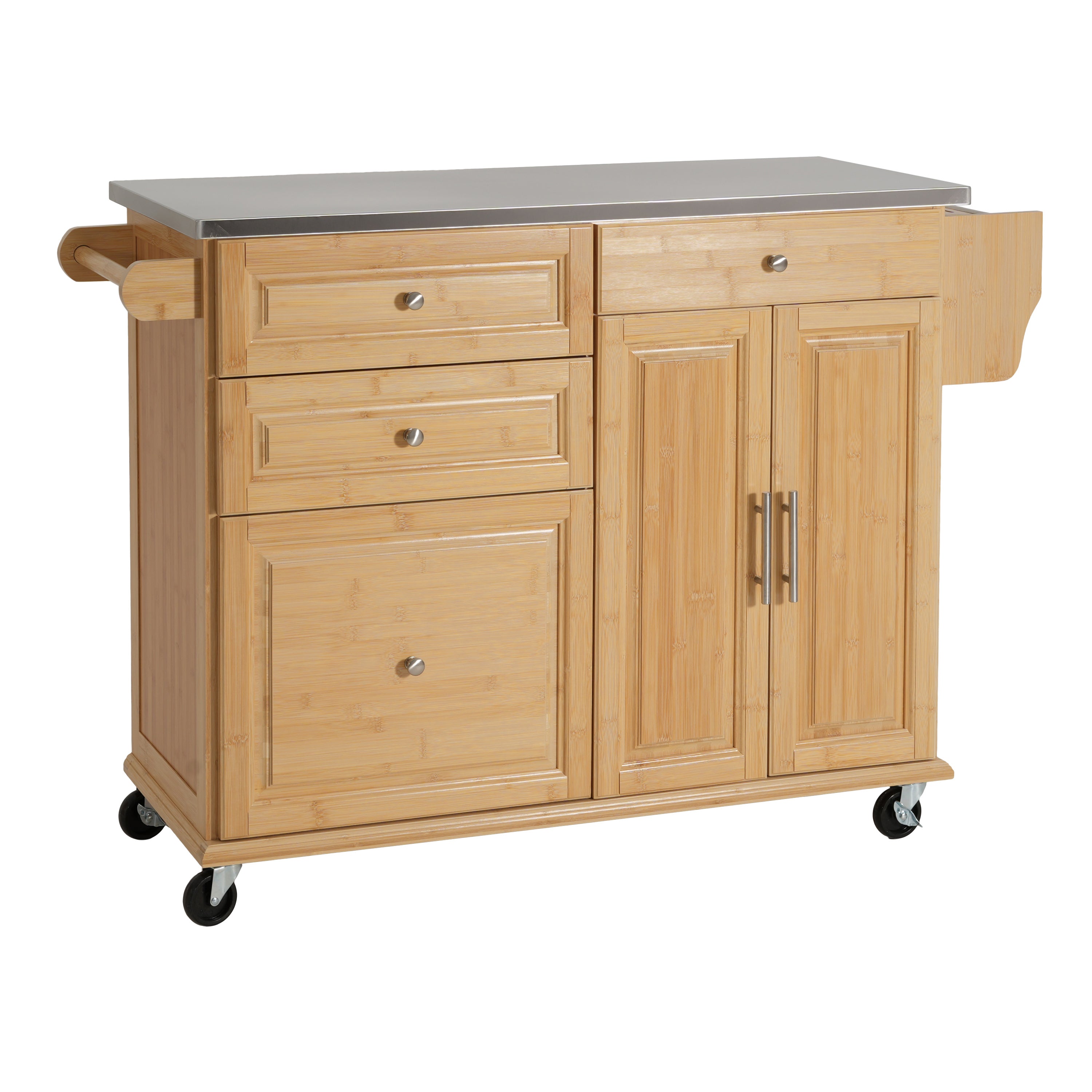 Indoor Bamboo Rolling Kitchen Island with Stainless Steel Top