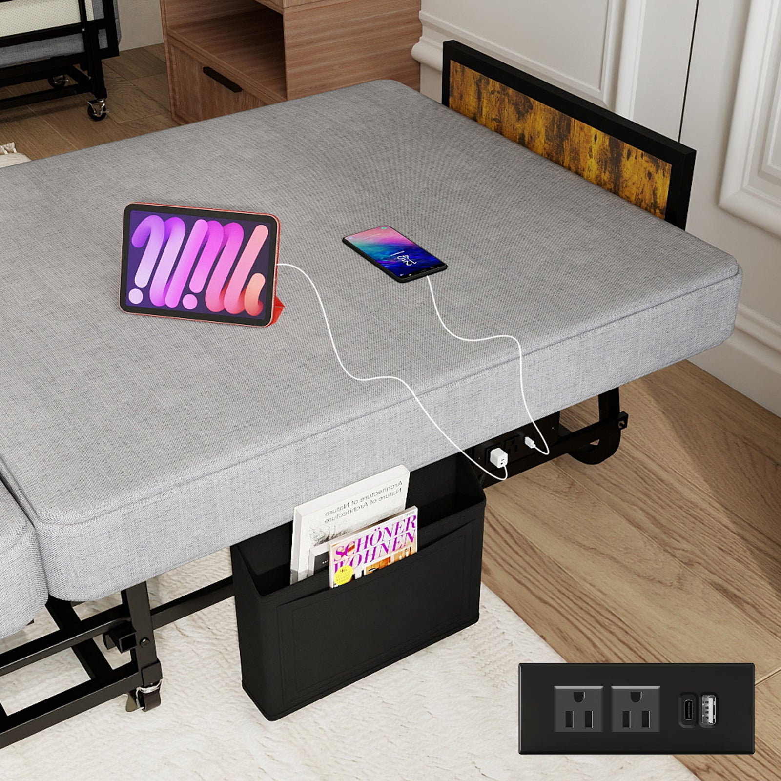 78" Folding Bed with Headboard & USB Charging Station