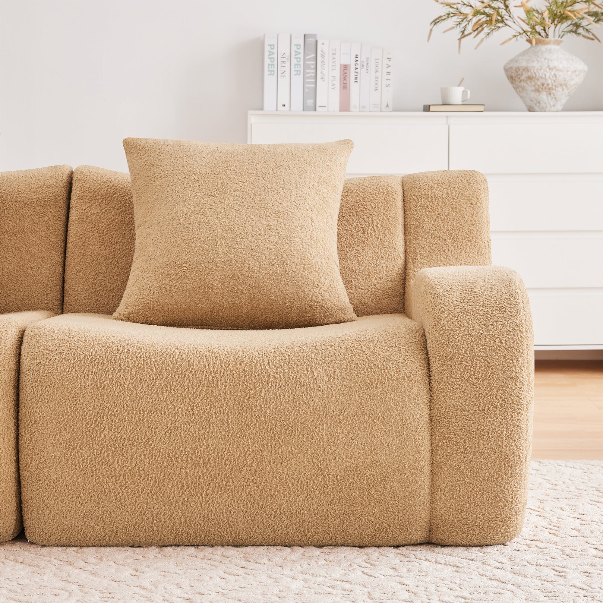 Armless Sofa with Pillow - Teddy Fabric in Camel