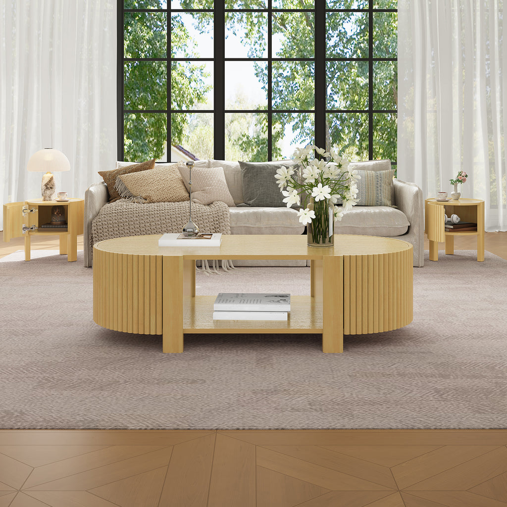Oval Fluted Coffee Table with Storage for Living Room