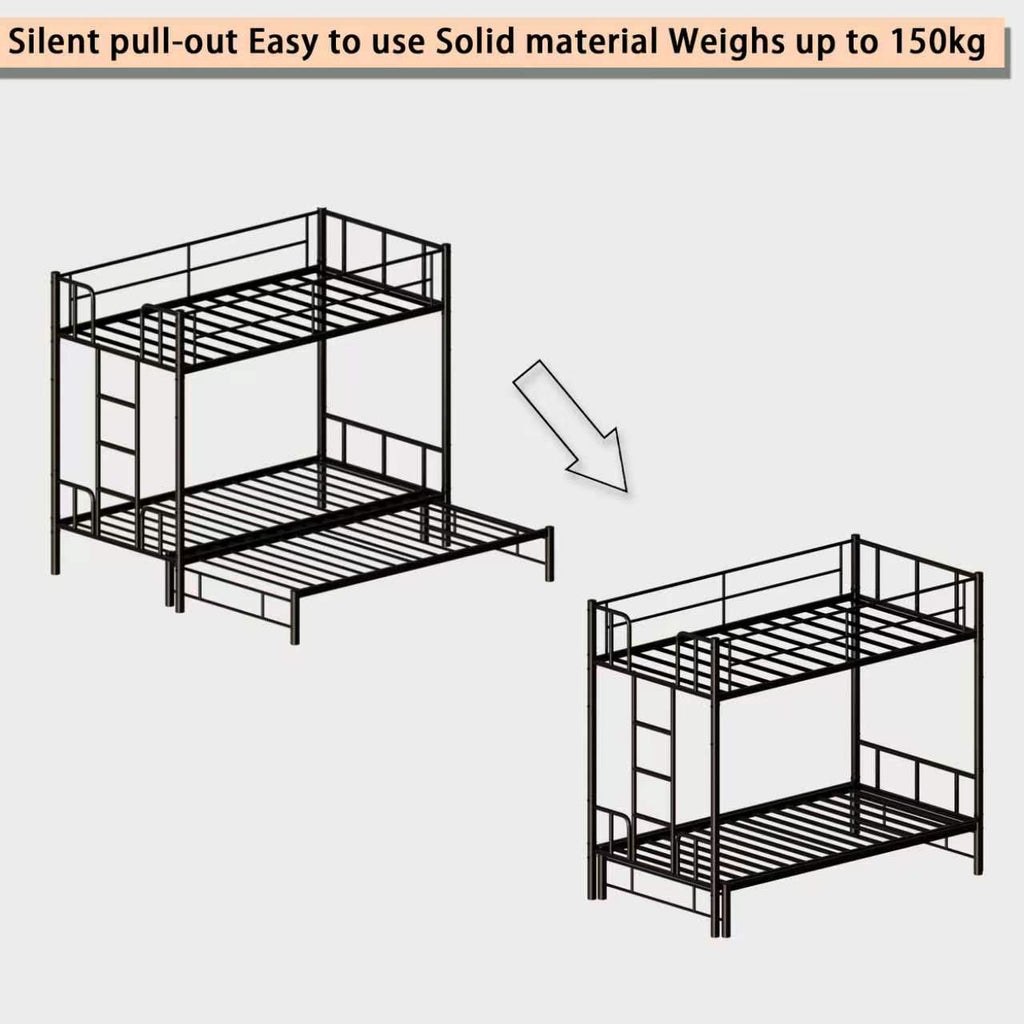 Twin Size Metal Pull-Out Bunk Bed with Guardrail and Built-In Ladder